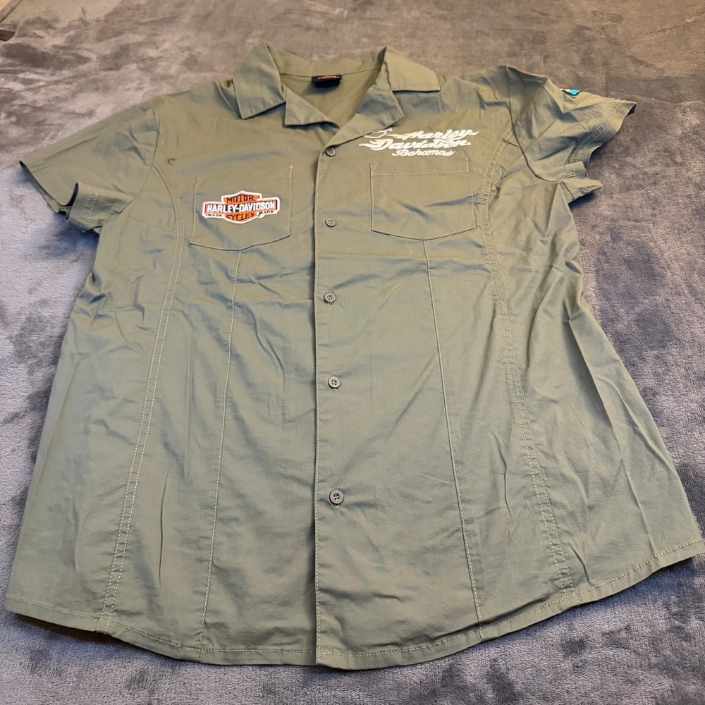 Harley Davidson Bahamas Short‎ Sleeve Button Up Shirt Green Womens XL XLarge